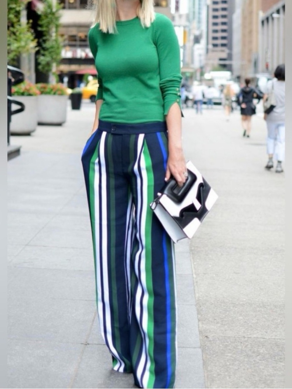 Banana Republic Vertical Stripe Wide-Leg Pants in Navy, Green & White